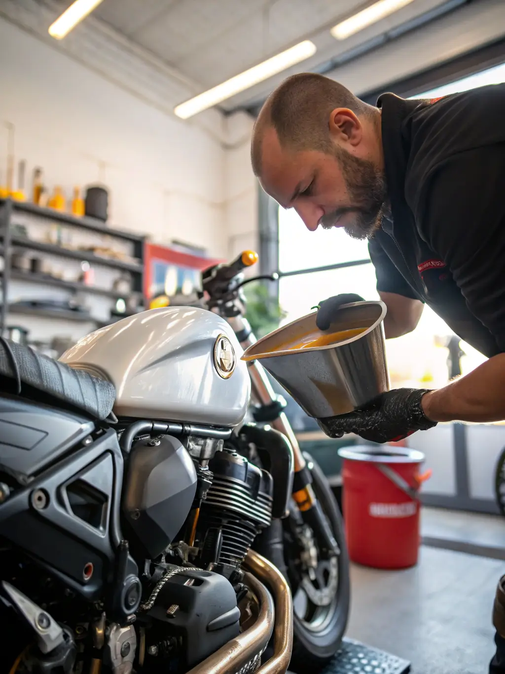 Members of MOTOCLUB SEGONZACAIS participating in a motorcycle maintenance workshop, learning about basic repairs and upkeep to ensure their bikes are in optimal condition.