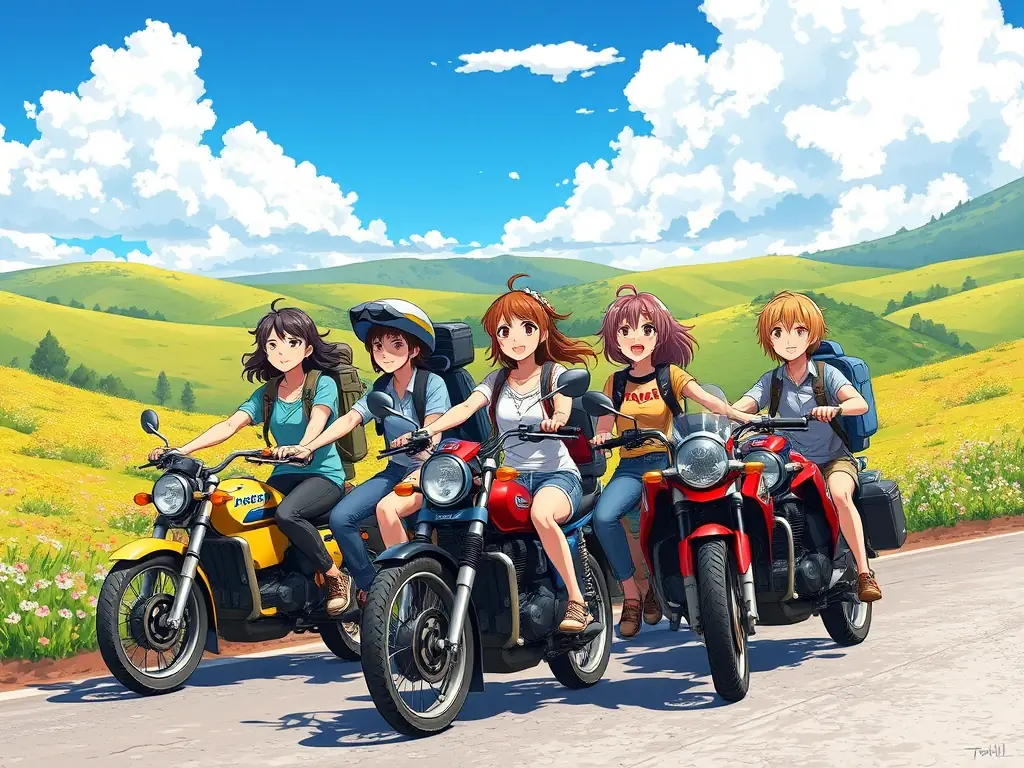 A group of motorcyclists participating in a guided tour through the scenic countryside of Segonzac, France, showcasing the club's touring program.