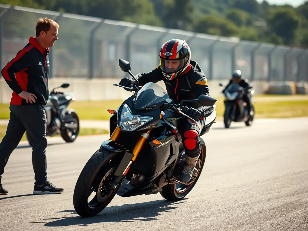 A group of motorcyclists participating in an advanced riding skills workshop, focusing on cornering techniques on a closed course, with instructors providing guidance.