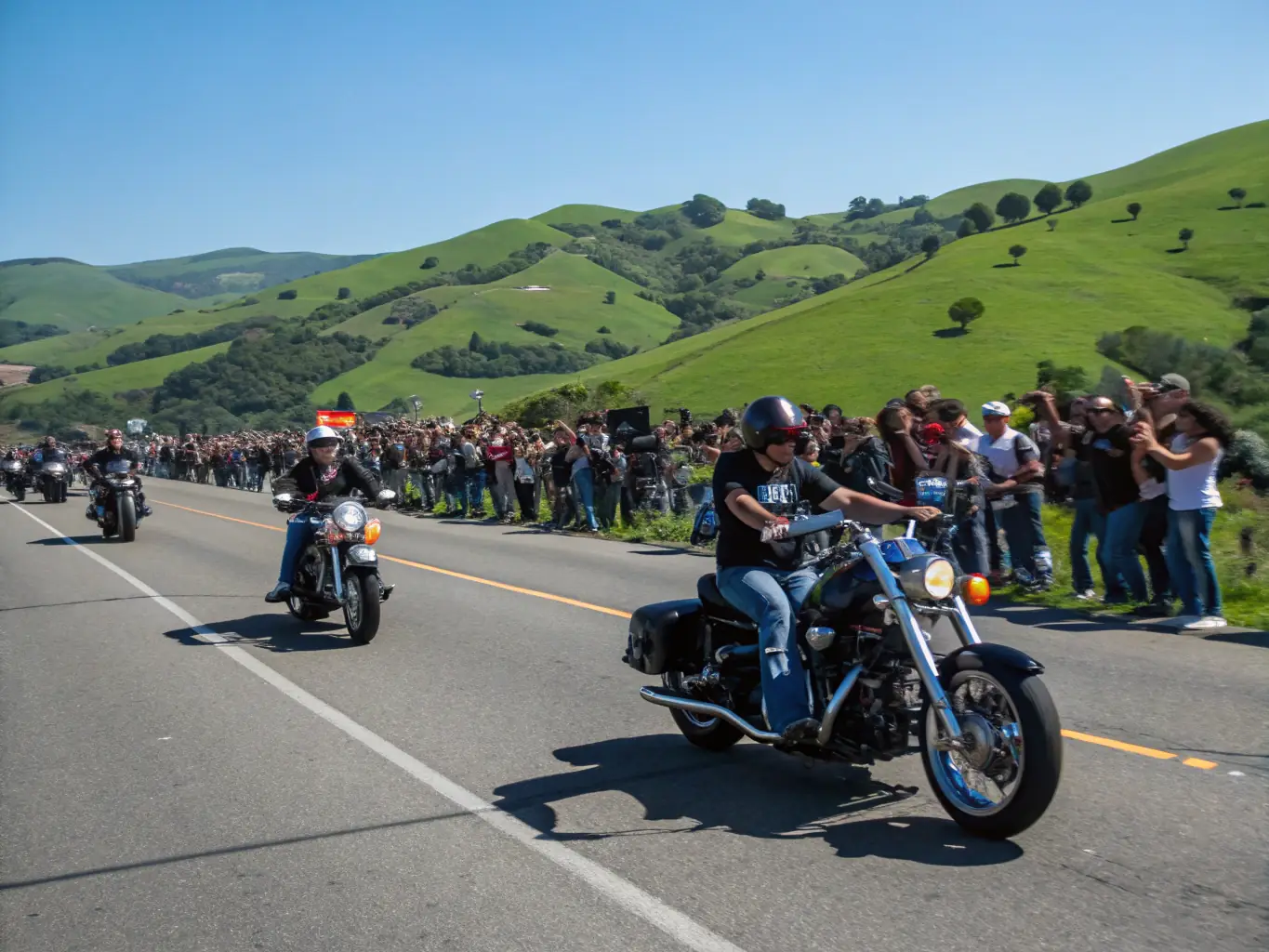 A scenic shot of motorcyclists participating in a charity ride, winding through picturesque countryside, with banners displaying the event's cause.