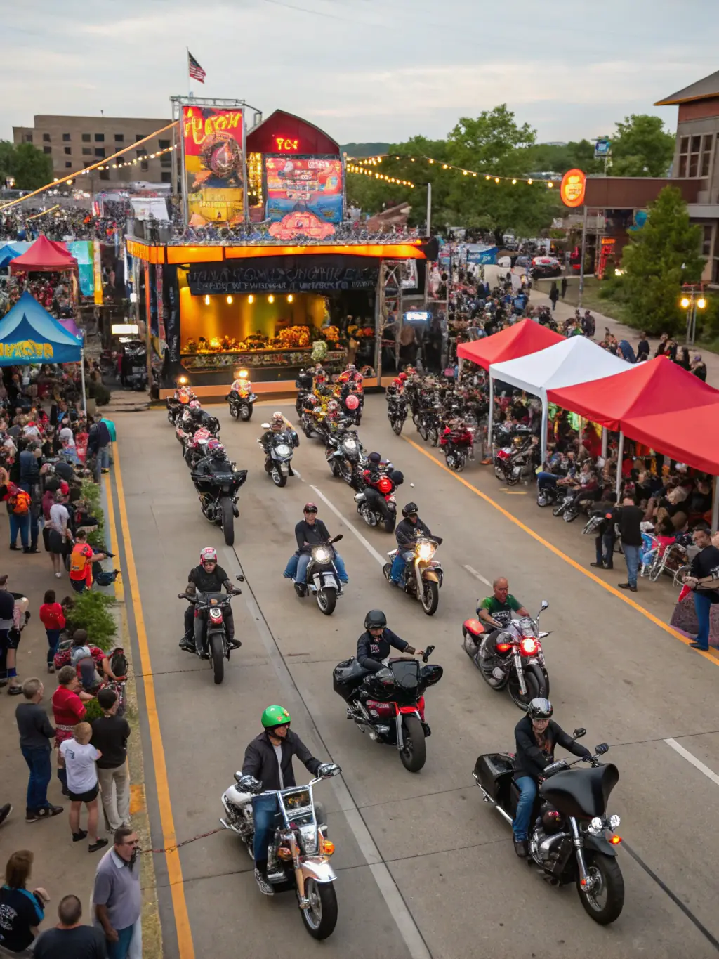 A picture of a community event organized by MOTOCLUB SEGONZACAIS, featuring motorcycles on display, family-friendly activities, and local vendors, promoting community engagement and awareness.