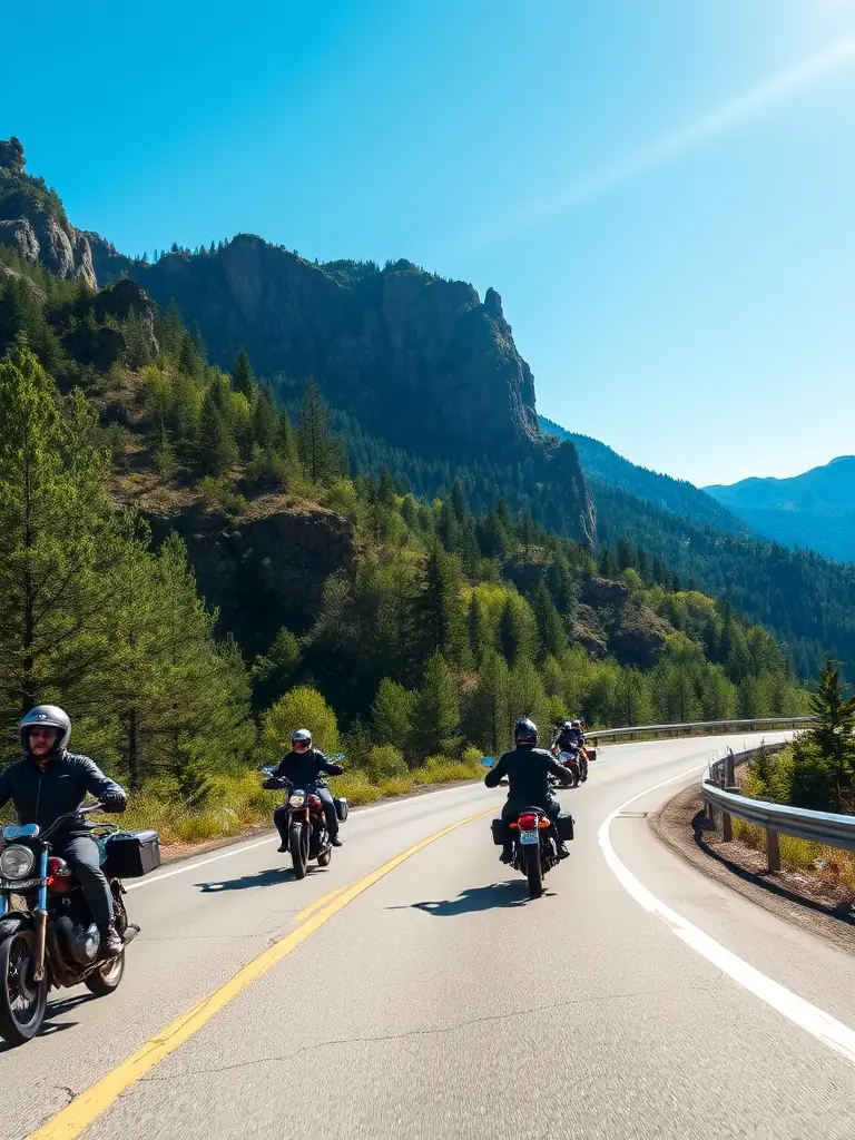 A group of motorcyclists riding together on a scenic route during a club-organized tour, emphasizing the camaraderie and shared passion for motorcycling within the club.