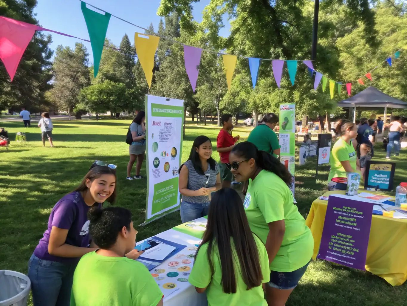 Volunteers setting up a community outreach event at a local school, teaching children about motorcycle safety and responsible riding practices.
