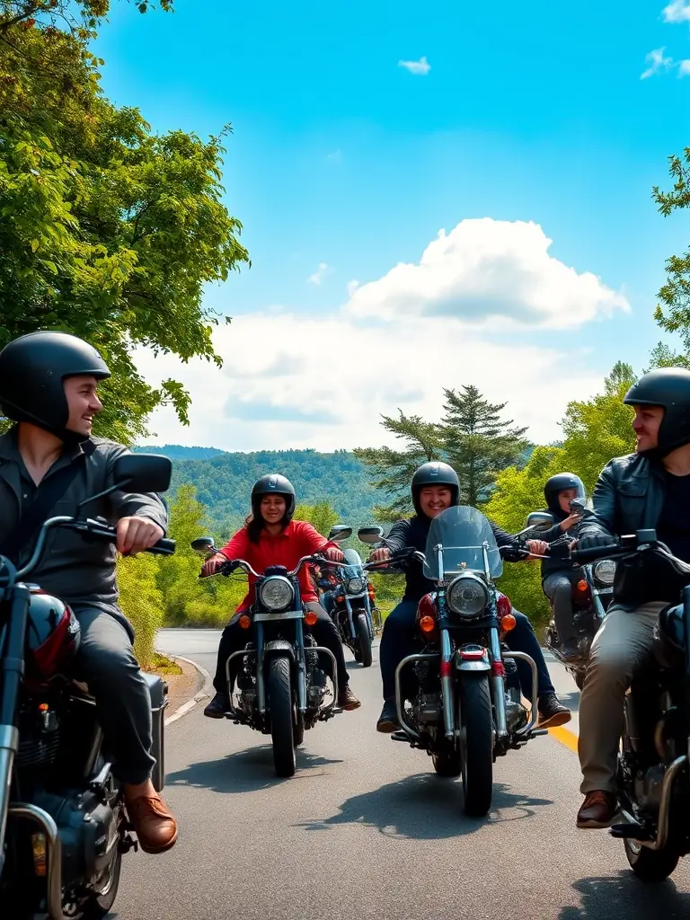 A vibrant image of the annual MOTOCLUB SEGONZACAIS charity ride, showcasing a diverse group of riders and the local community coming together for a good cause.