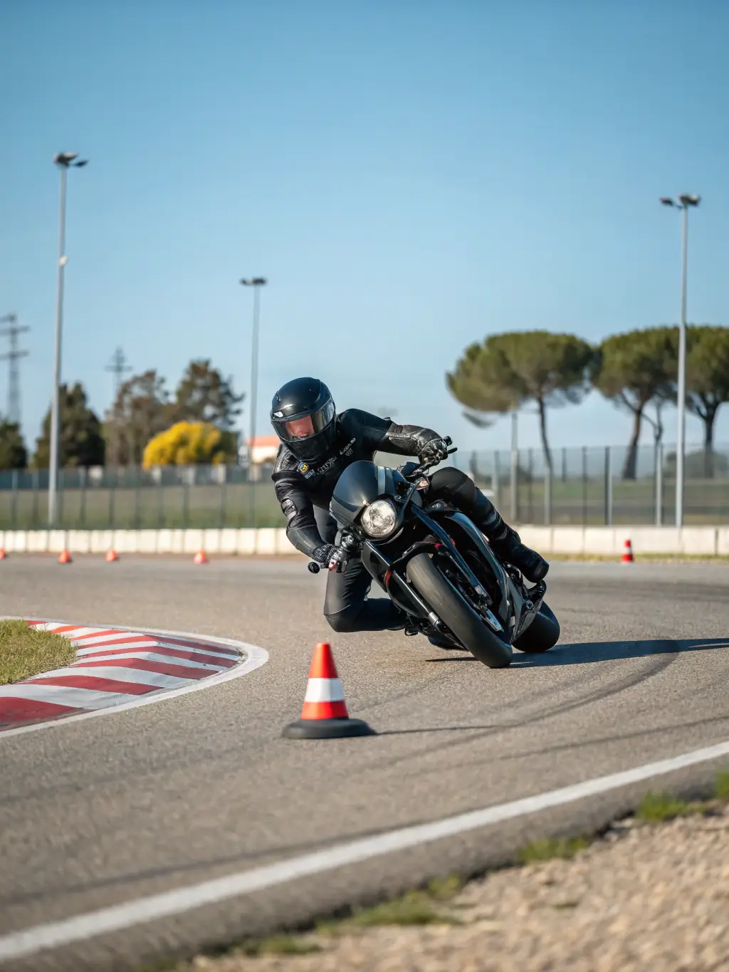 A group of motorcyclists participating in a road safety training session, focusing on defensive driving techniques and hazard awareness, with instructors demonstrating proper maneuvers.